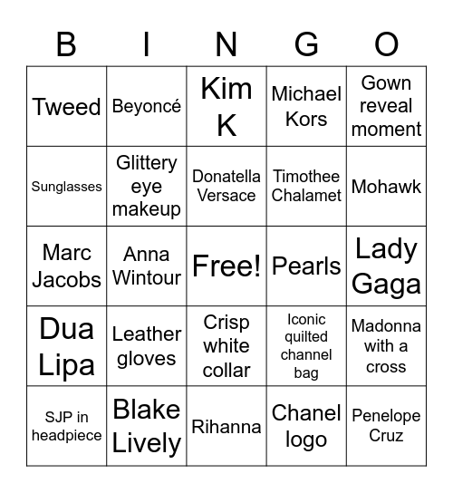 2023 Met Gala Bingo Card