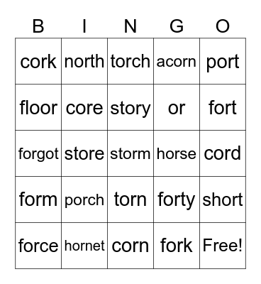 Bossy R - 'or' BINGO Card