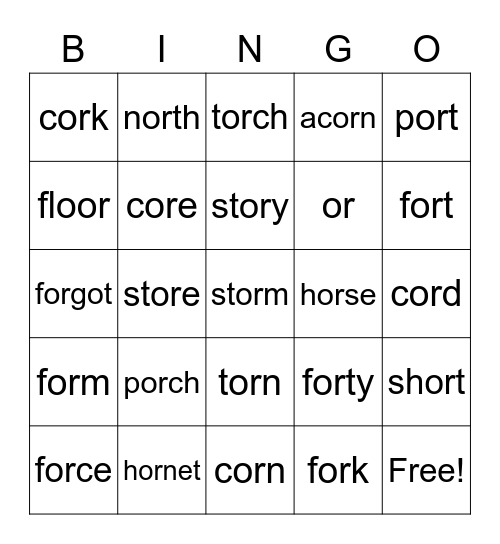 Bossy R - 'or' BINGO Card