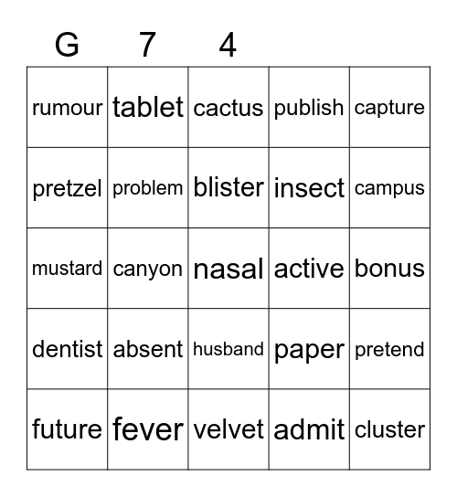 Gold 74 Bingo Card