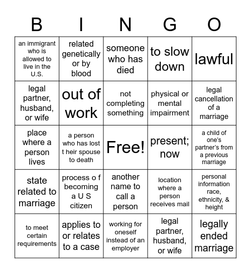 Form N-400~~Vocabulary Bingo Card