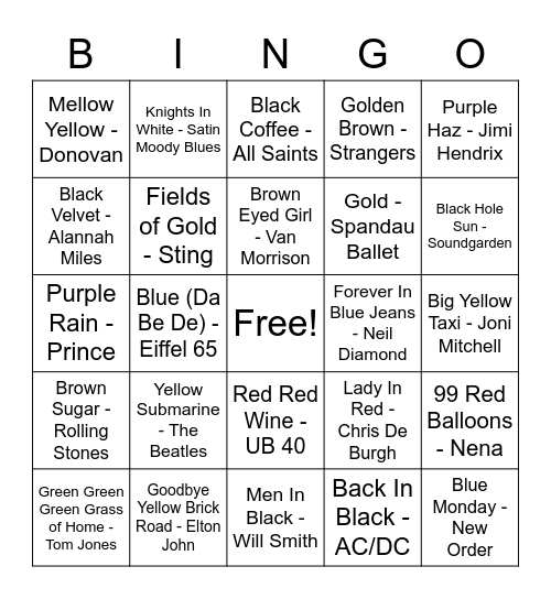 Colourful Tunes Bingo Card