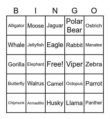 Animals Bingo Card