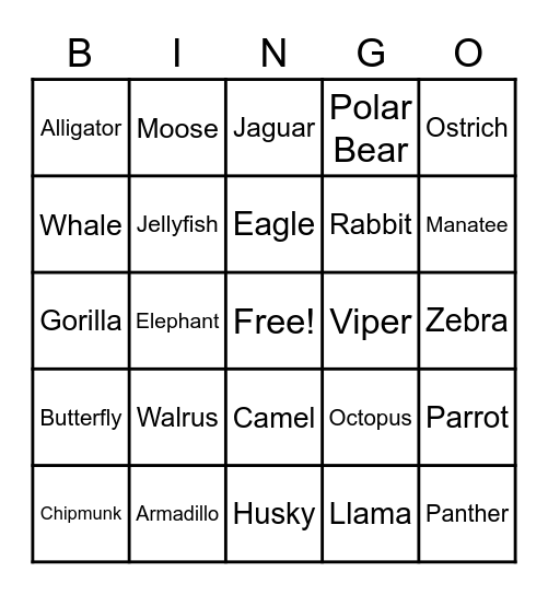 Animals Bingo Card