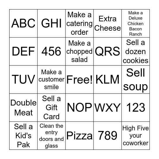 Subway BINGO Card