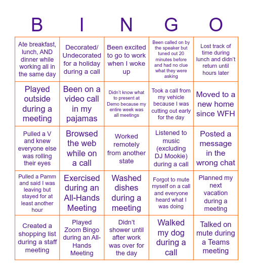 Never Have I Ever - WFH Style Bingo Card