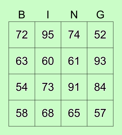 Numbers 50-100 Bingo Card