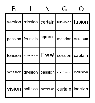 -sion and -tain words Bingo Card