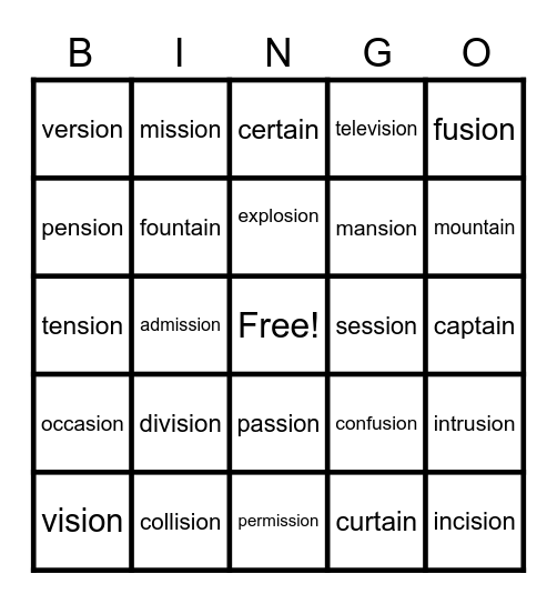 -sion and -tain words Bingo Card