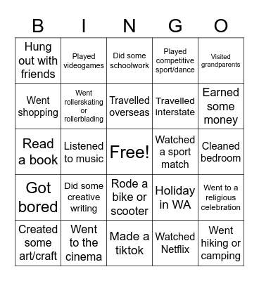 HOLIDAYS Bingo Card