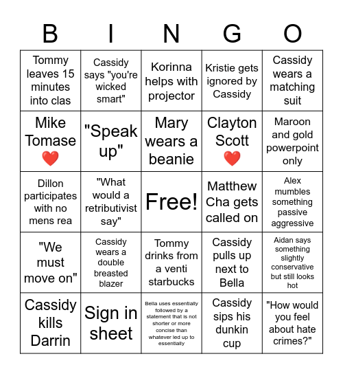 Last Class of 1L Bingo Card