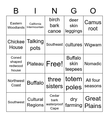 Native American Bingo Card