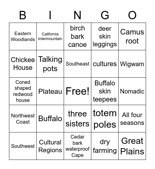 Native American Bingo Card