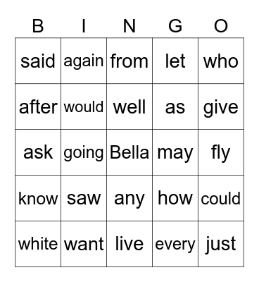 Bella V3 Sight Words Bingo Card