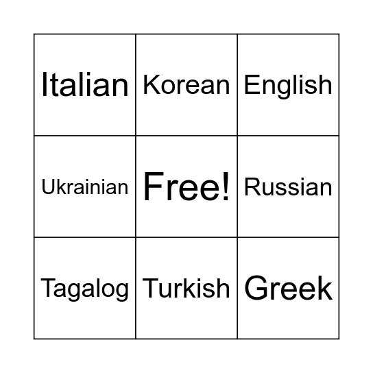 National Languages Bingo Card