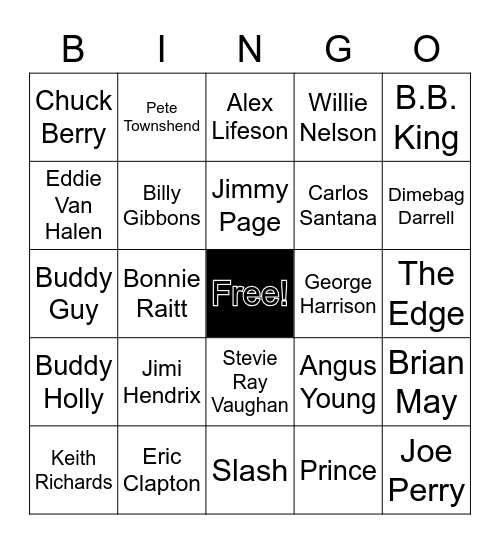 24 of Billboards top 100 Guitarists Bingo Card