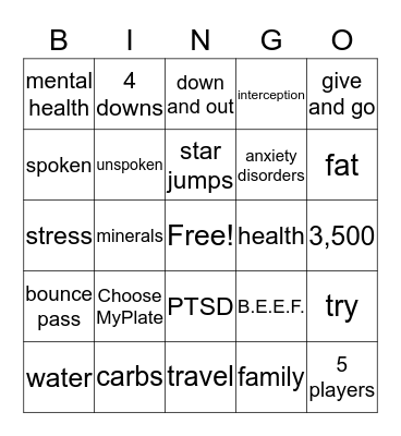 PE/HEALTH Bingo Card