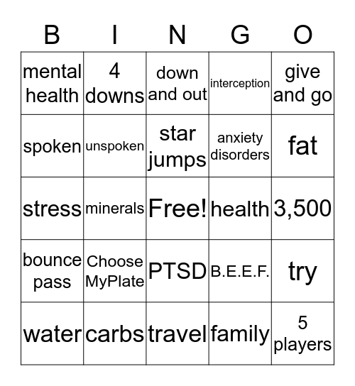 PE/HEALTH Bingo Card