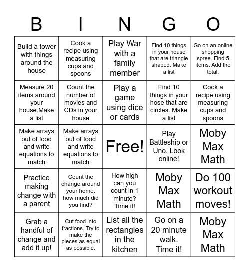 Math Bingo Board Week 1 Bingo Card