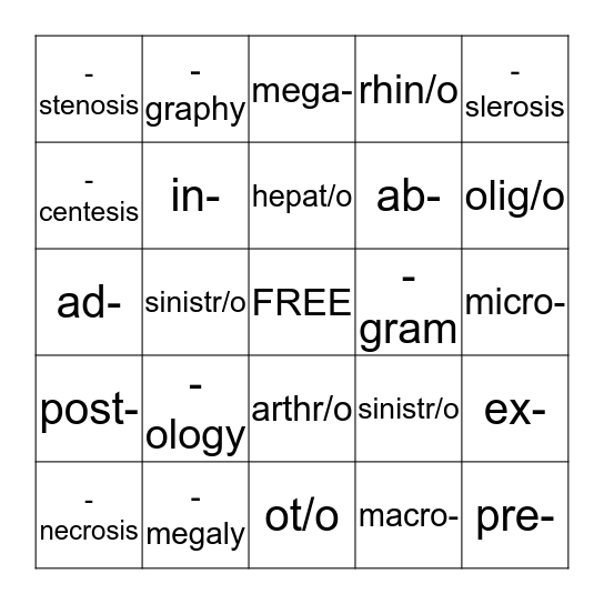Medical Terminology Bingo Card