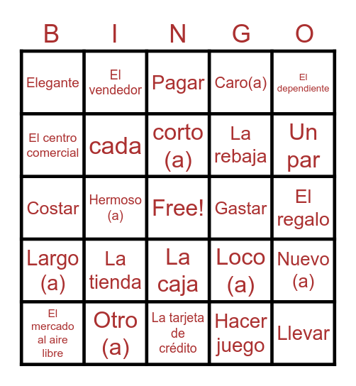 C6/V2 - Ir de compras y adjetivos descriptivos Bingo Card