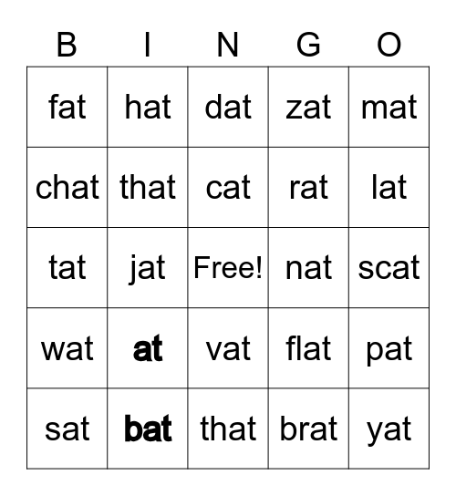 at Word Family Bingo Card