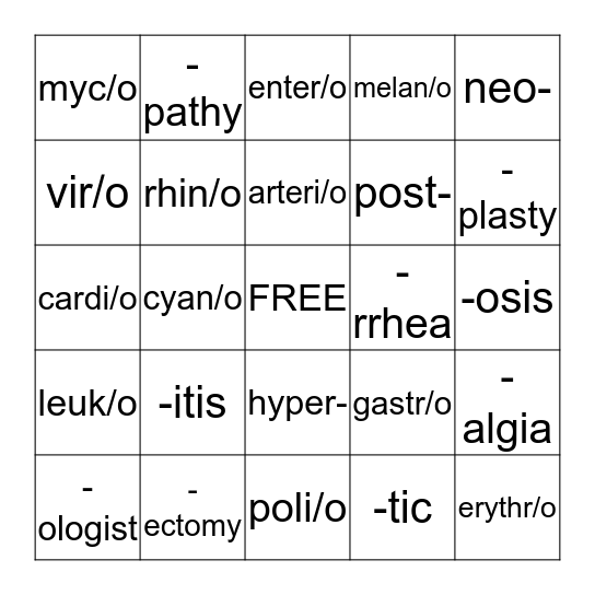 Medical Terminology Bingo Card