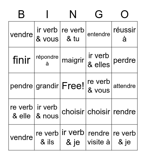 Les verbes reguliers Bingo Card