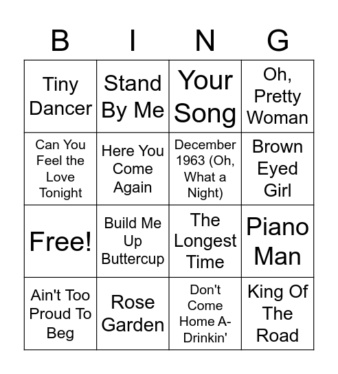 Music Bingo Card