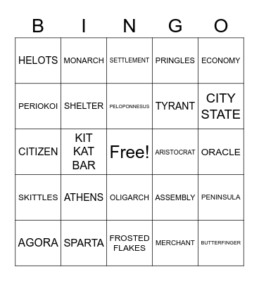 Athens and Sparta Bingo Card