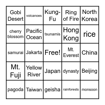 East & Southeast Asia Bingo Card