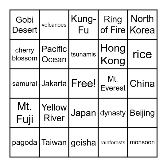 East & Southeast Asia Bingo Card