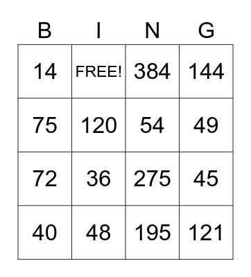 Multiplication Bingo Card