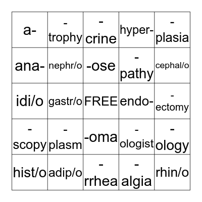 Medical Terminology Bingo Card