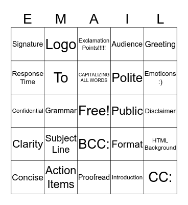 EMAIL ETIQUETTE BINGO Card