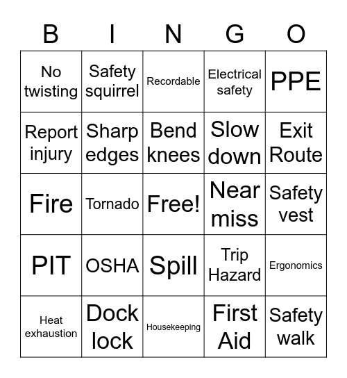 Warehouse Safety Bingo Card