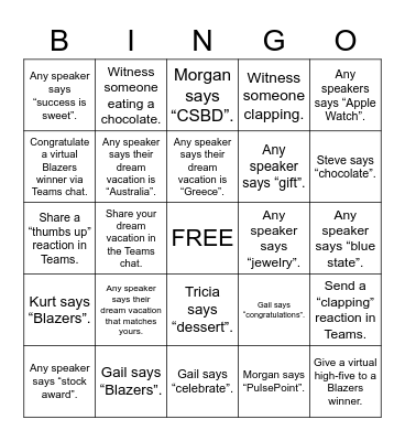 Blazers Bingo Card