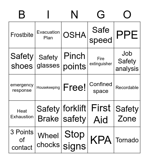 Warehouse Safety Bingo Card