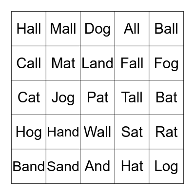 Rhyming Words Bingo Card