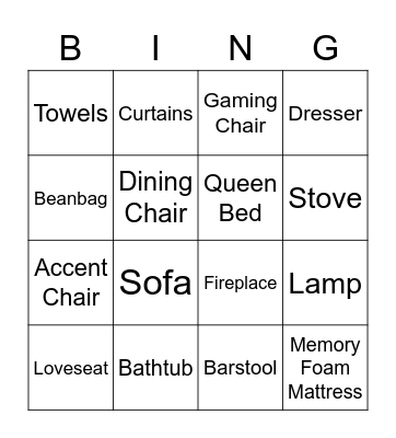 Furniture Bingo Card