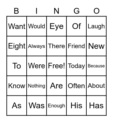 Heart Word Bingo Card