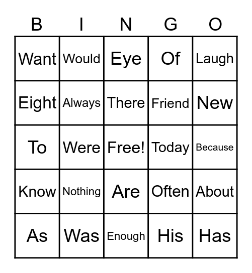 Heart Word Bingo Card