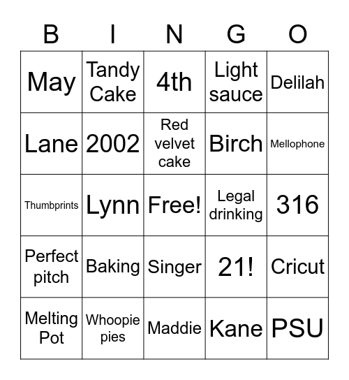 Maddie’s B’day “Binger” Bingo Card