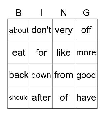 Sight Words Bingo Card