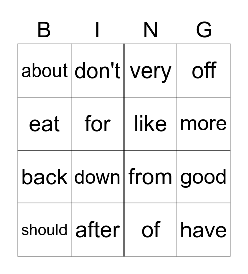 Sight Words Bingo Card