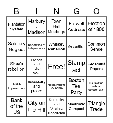 Colonization Bingo Card