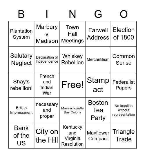 Colonization Bingo Card