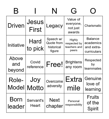 Honors Day Bingo Card