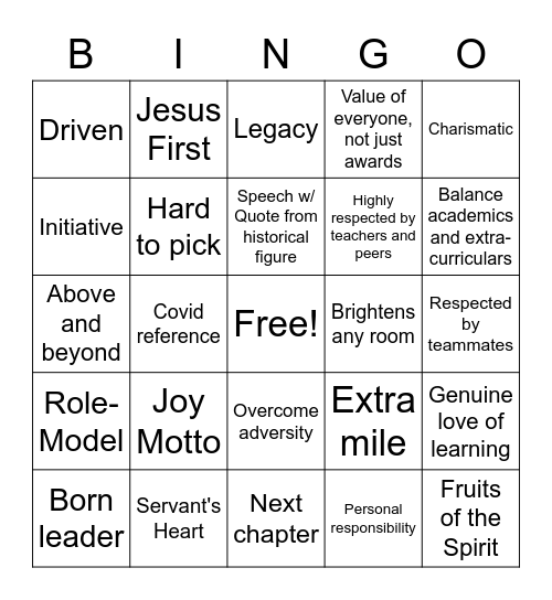 Honors Day Bingo Card