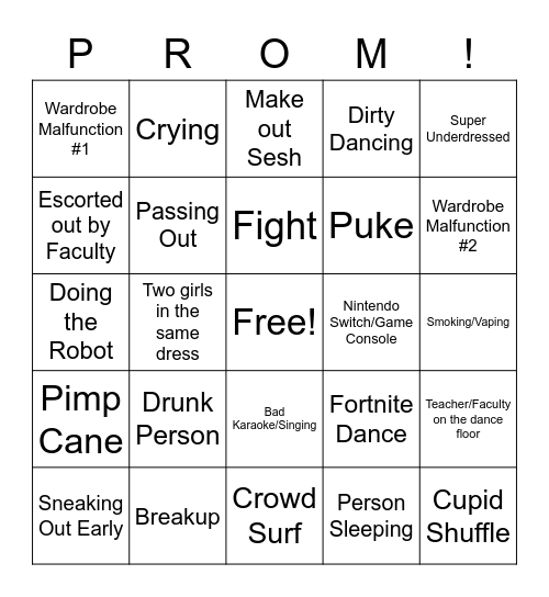 Northern Prom Bingo Card